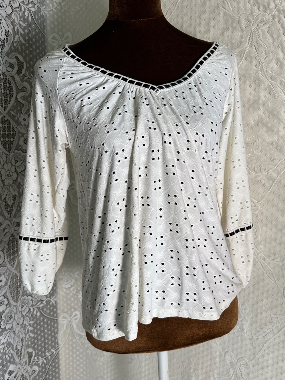 Altar'd State White Eyelet Peasant Blouse with Black Trim